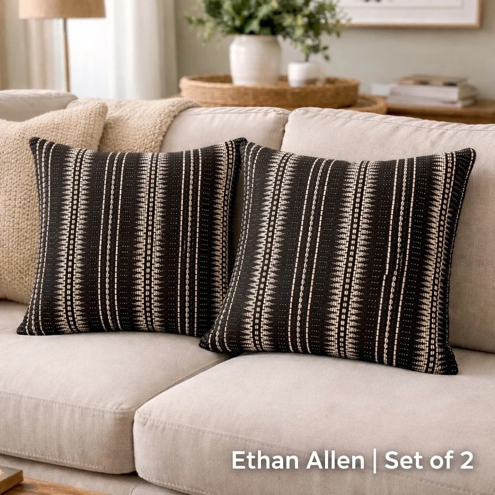 Ethan Allen Textured Silk Pillow Covers Set of 2 Black Ivory 20x20 Matte Woven